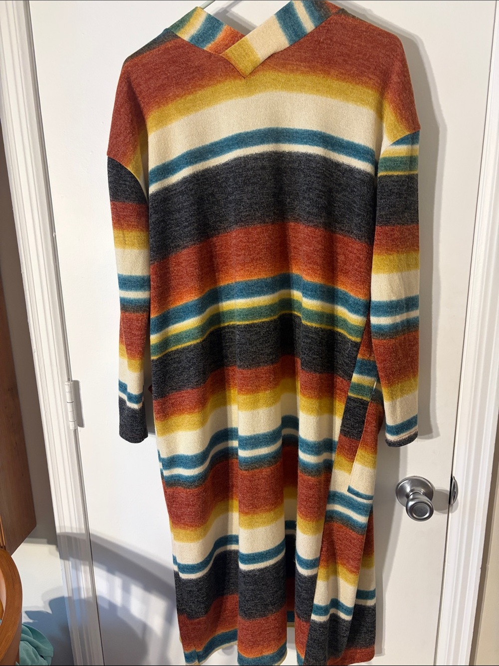 Striped Long Open-Front Cardigan Sweater in Rust Multi - Picture 4 of 4
